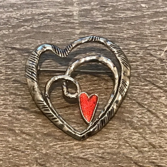 Vintage Silver Tone Heart Within a Heart Red Enamel Heart Pin/Brooch 1 1/2" Long - Picture 1 of 3